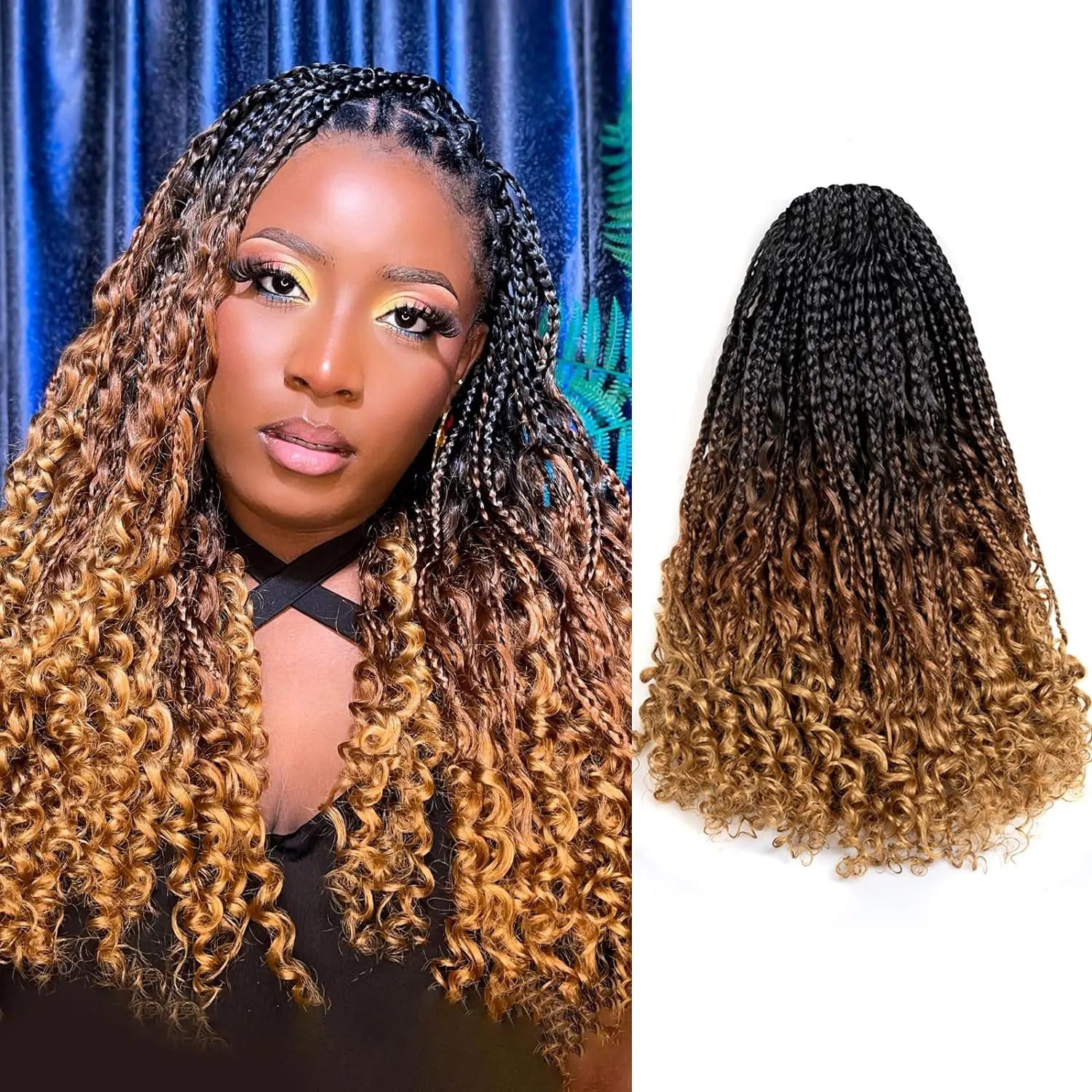 ( US ONLY) FAST SHIPPING GBB | Toyotress® Bohemian Box Braids Crochet Hair - 10 Inch 8 Packs Ombre Brown Blonde Box Braids Crochet Hair Curly End Crochet Braids, Short Pre-looped Synthetic Braidsing Hair Extensions Toyotress