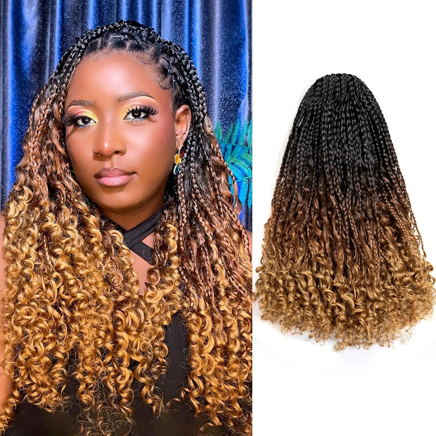 ( US ONLY) FAST SHIPPING GBB | Toyotress® Bohemian Box Braids Crochet Hair - 10 Inch 8 Packs Ombre Brown Blonde Box Braids Crochet Hair Curly End Crochet Braids, Short Pre-looped Synthetic Braidsing Hair Extensions Toyotress