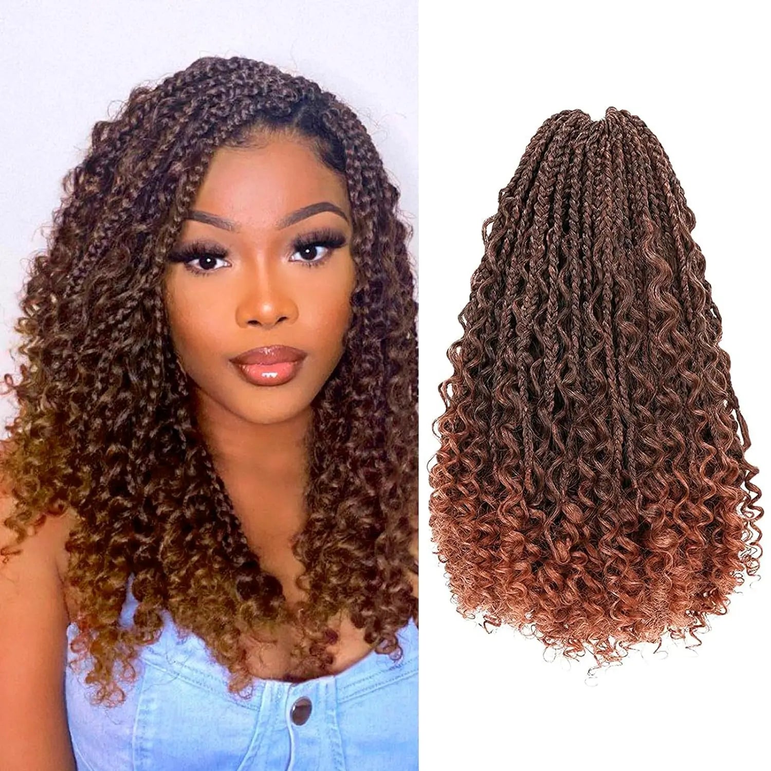 ( US ONLY) FAST SHIPPING GBB | Toyotress® Bohemian Box Braids Crochet Hair - 10 Inch 8 Packs Ombre Brown Blonde Box Braids Crochet Hair Curly End Crochet Braids, Short Pre-looped Synthetic Braidsing Hair Extensions Toyotress