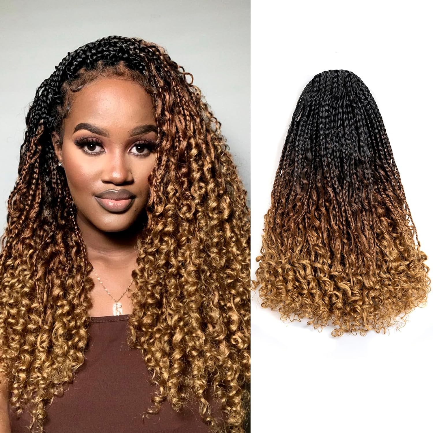 FAST SHIPPING 3-5 DAY GBB | ToyoTress Bohemian Box Braids Crochet Hair - 10 Inch 8 Packs Ombre Brown Blonde Box Braids Crochet Hair Curly End Crochet Braids, Short Pre-looped Synthetic Braidsing Hair Extensions