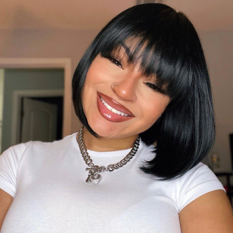 Toyotress Short Bob Synthetic Wigs | Blunt cut Natural Black Straight Wig with Bangs Synthetic Wig（612H+618）