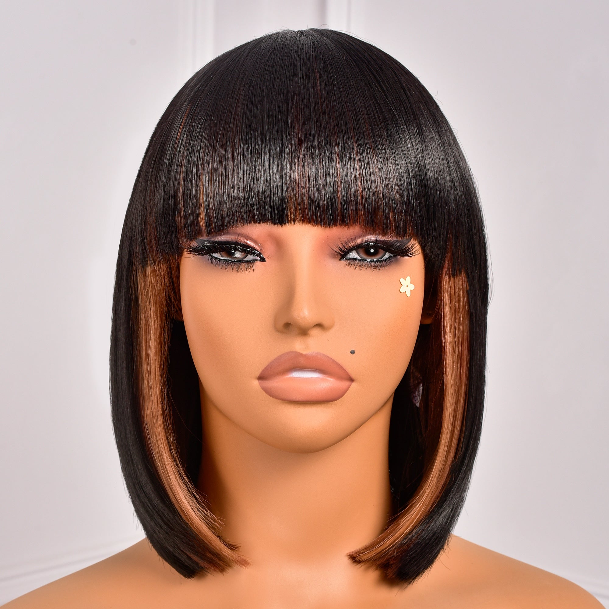 Toyotress Short Bob Synthetic Wigs | Blunt cut Natural Black Straight Wig with Bangs Synthetic Wig（612H+618）