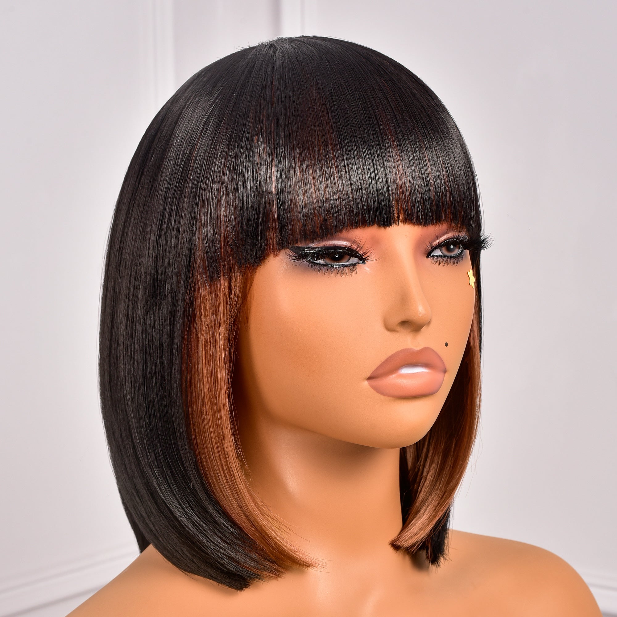 Toyotress Short Bob Synthetic Wigs | Blunt cut Natural Black Straight Wig with Bangs Synthetic Wig（612H+618）