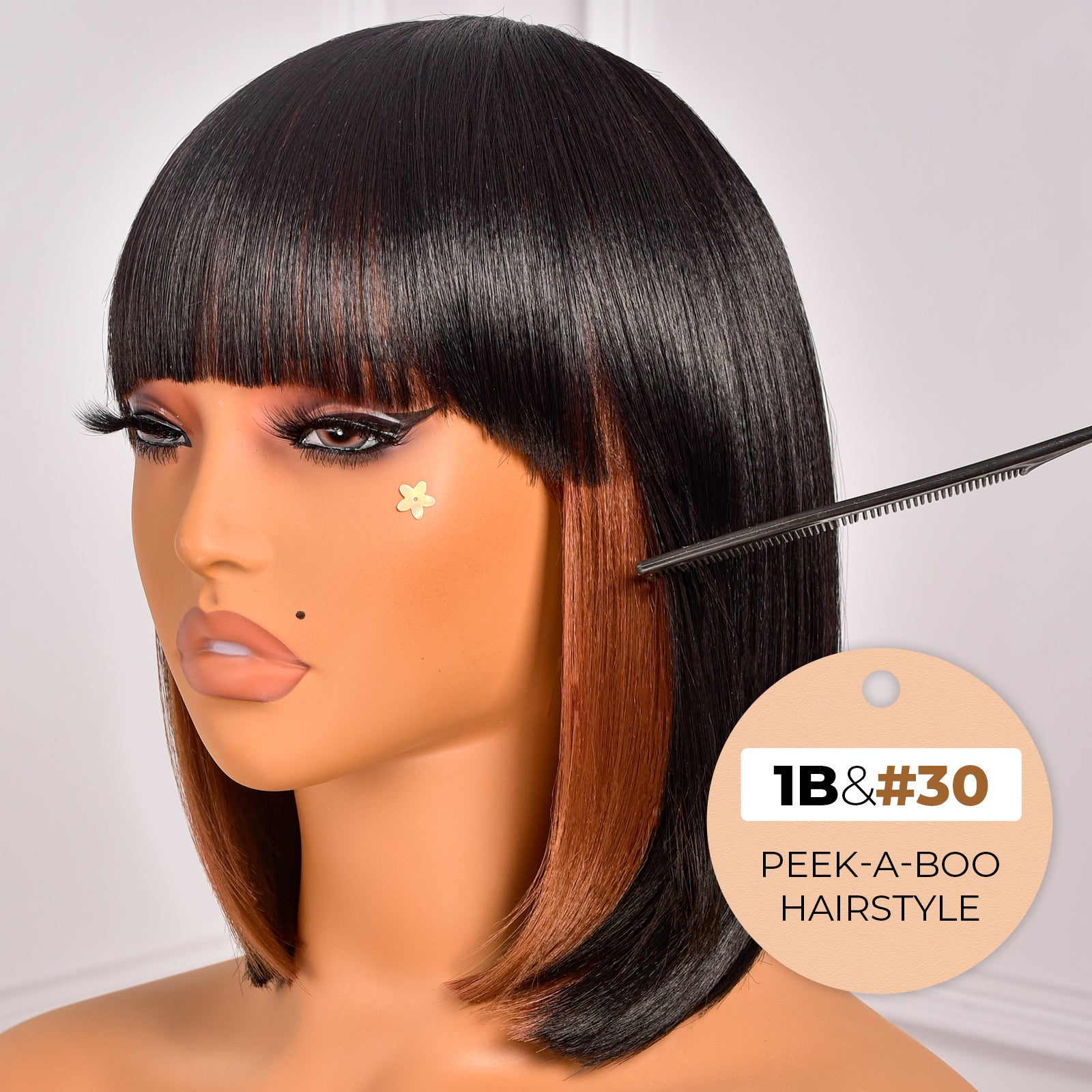 Toyotress Short Bob Synthetic Wigs | Blunt cut Natural Black Straight Wig with Bangs Synthetic Wig（612H+618）