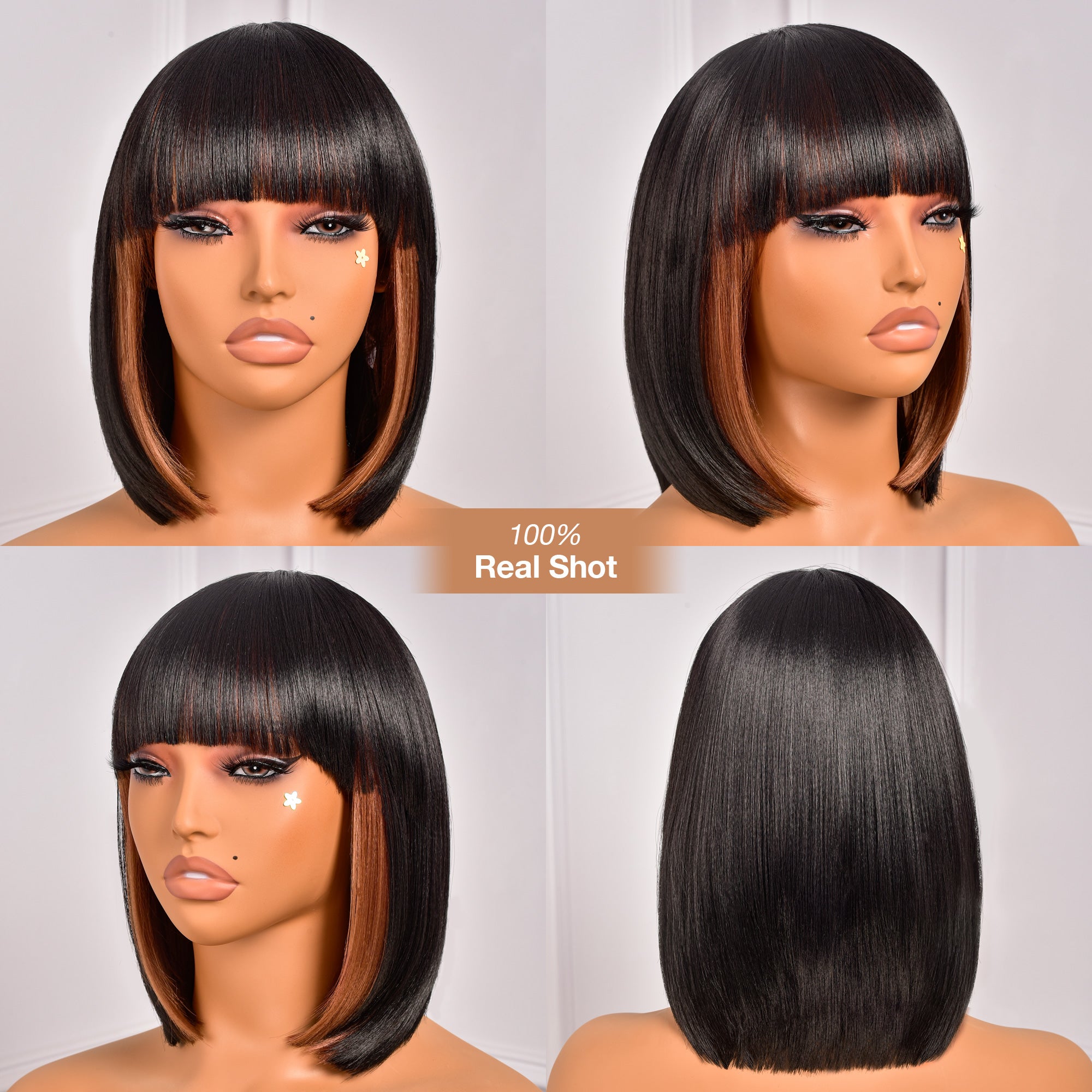 Toyotress Short Bob Synthetic Wigs | Blunt cut Natural Black Straight Wig with Bangs Synthetic Wig（612H+618）