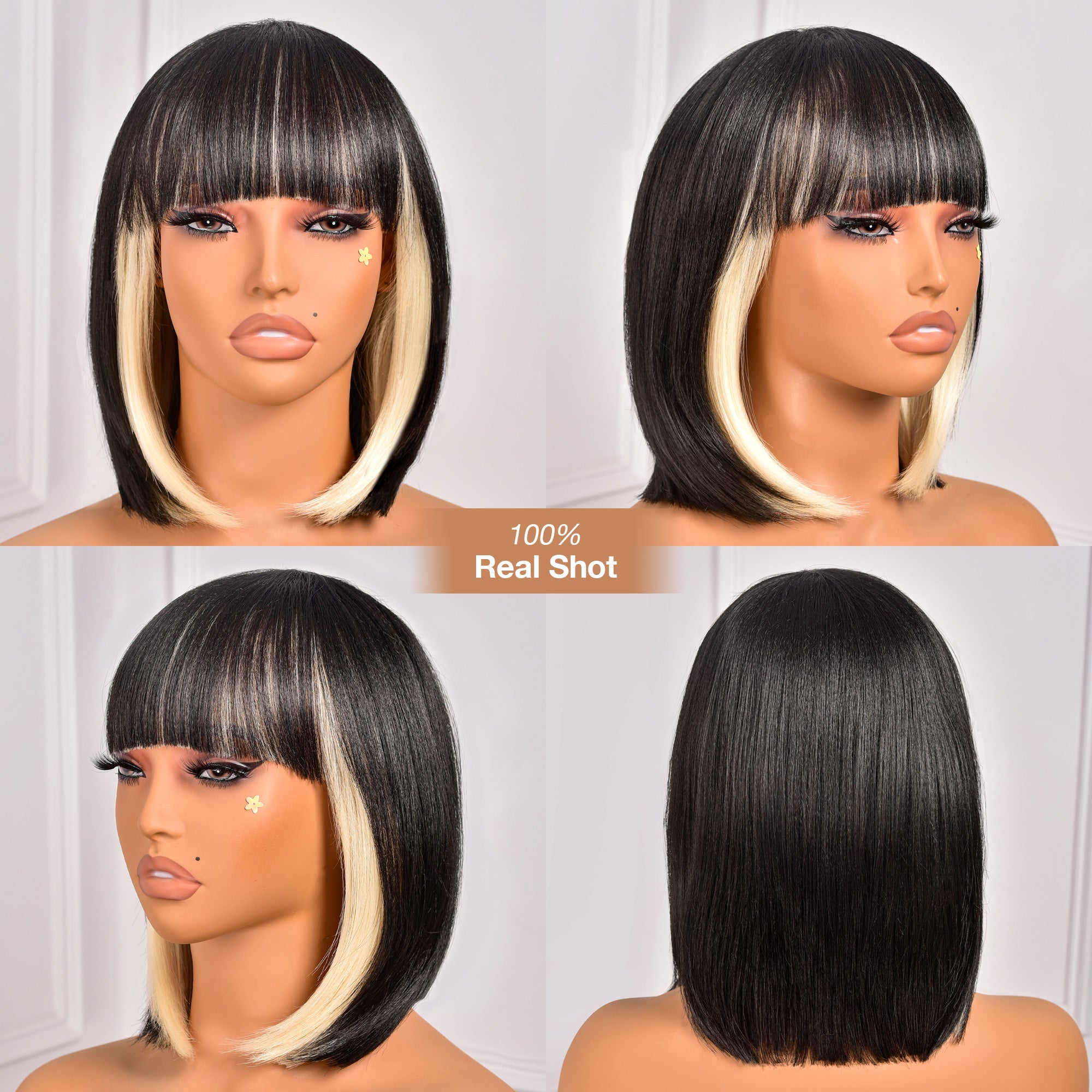 Toyotress Short Bob Synthetic Wigs | Blunt cut Natural Black Straight Wig with Bangs Synthetic Wig（612H+618）